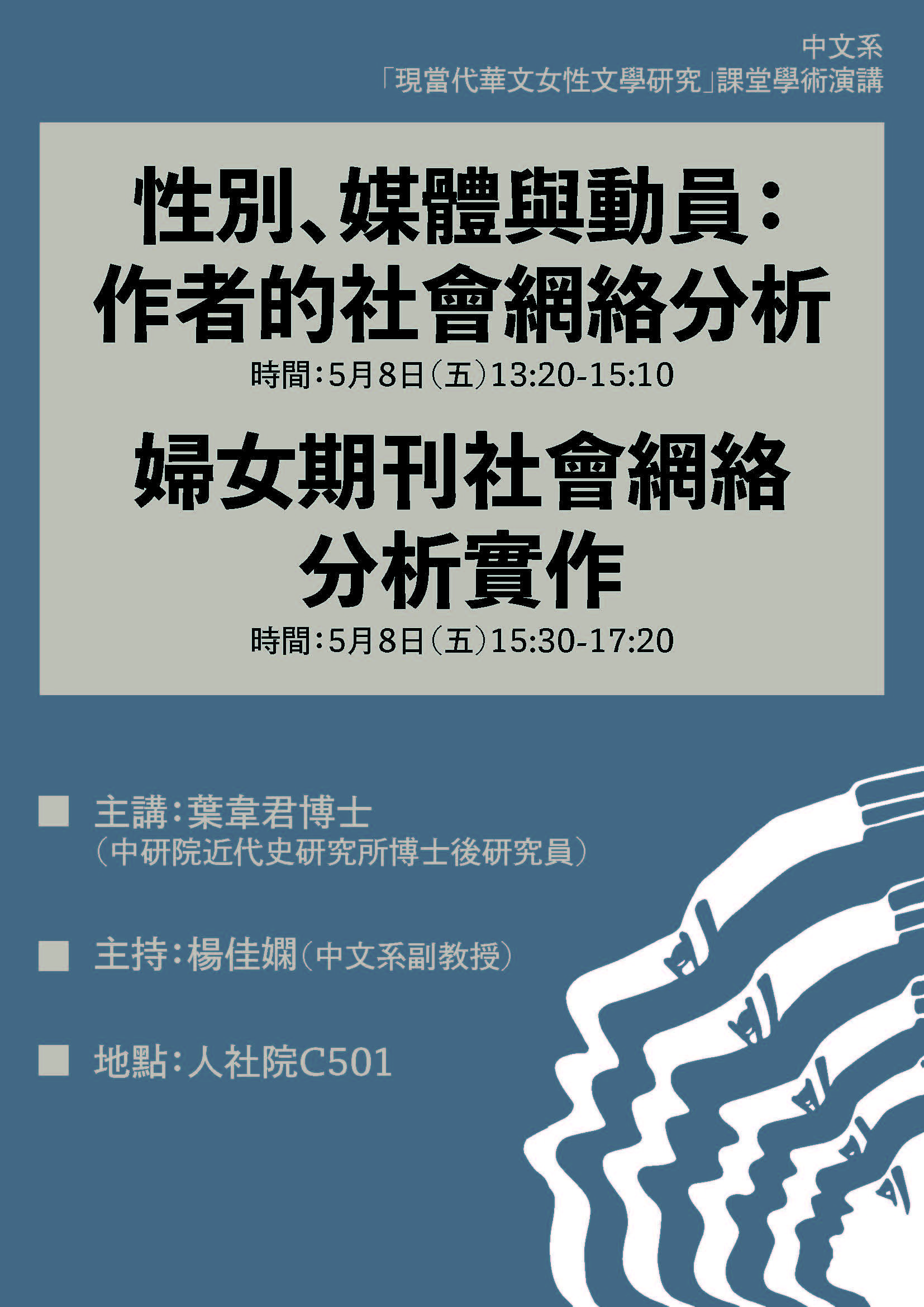 2020-04-29 【5/8（五）】學術演講—葉韋君：性別、媒體與動員：作者的社會網絡分析 ∕ 婦女期刊社會網絡分析實作